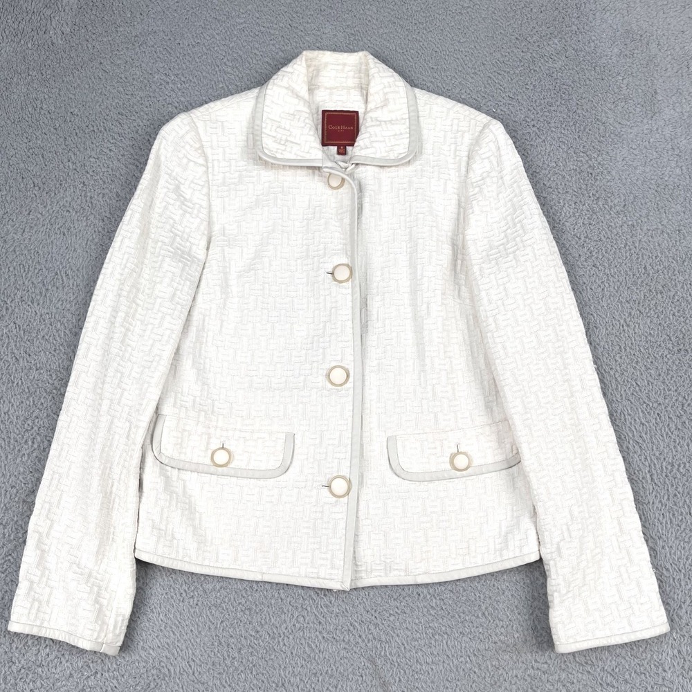Cole Haan City Womens Ivory Lambskin Trim 3 Button Career Blazer Sz 8